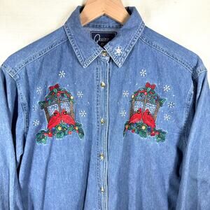 Embroidered Denim Button Down Sz S Cardinal Holiday Winter Grannycore Christmas